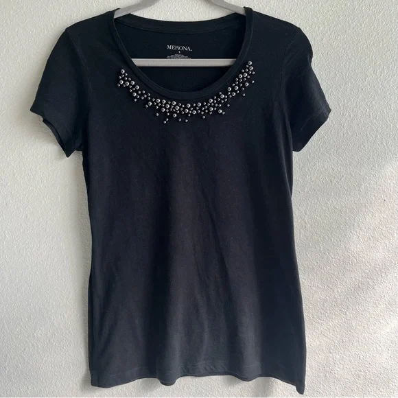 Merona black short sleeve beaded embellished neckline scoop neck tee - Picture 1 of 4